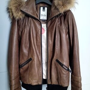 Soia & Kyo Cognac Brown Leather Jacket with Fur Trim Hood